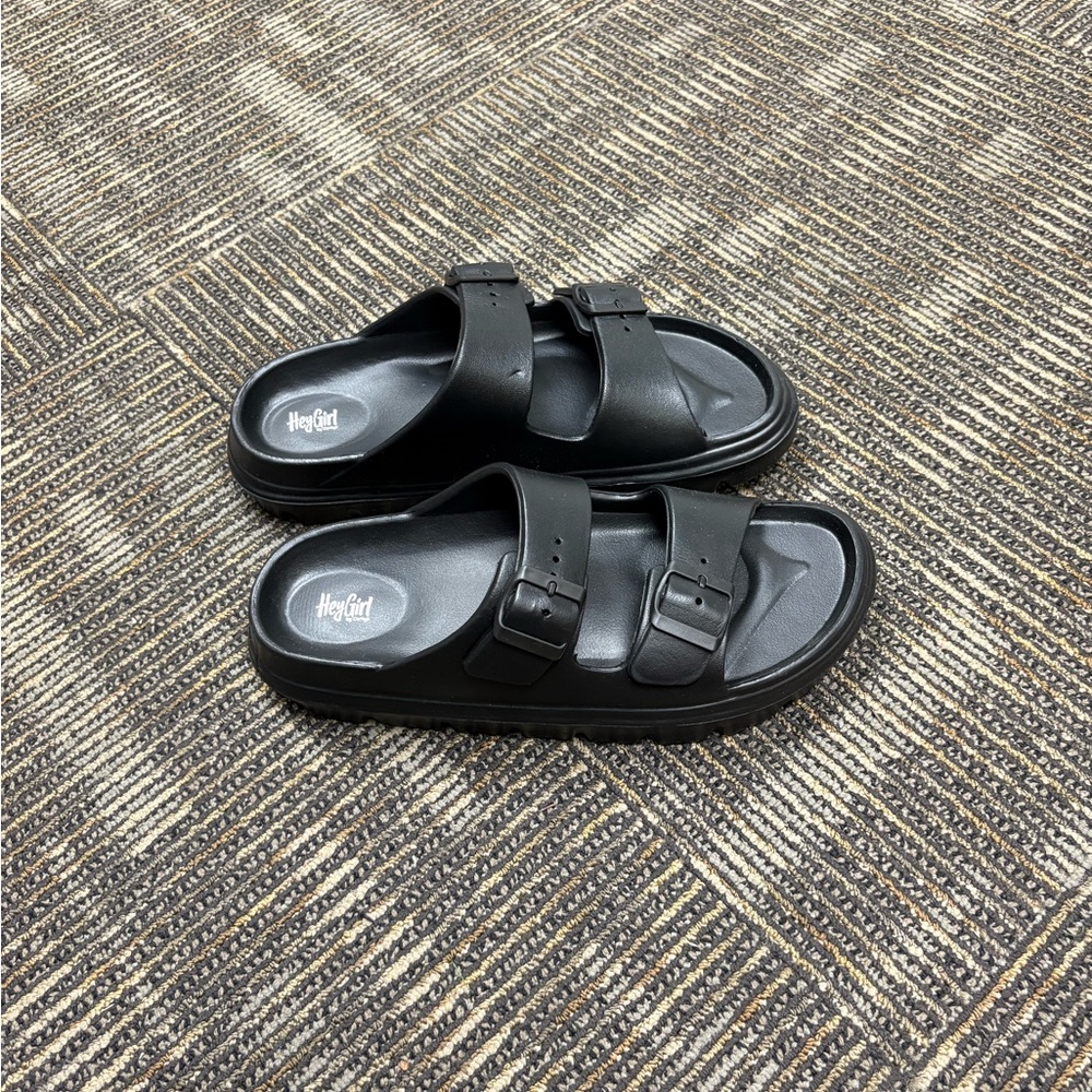 Hey Girl Black Double Buckle Slide Sandals